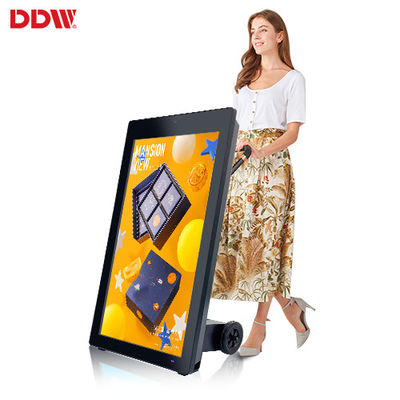 Outdoor capacitive touch lcd portable dengan roda menampilkan iklan digital signage baterai bertenaga